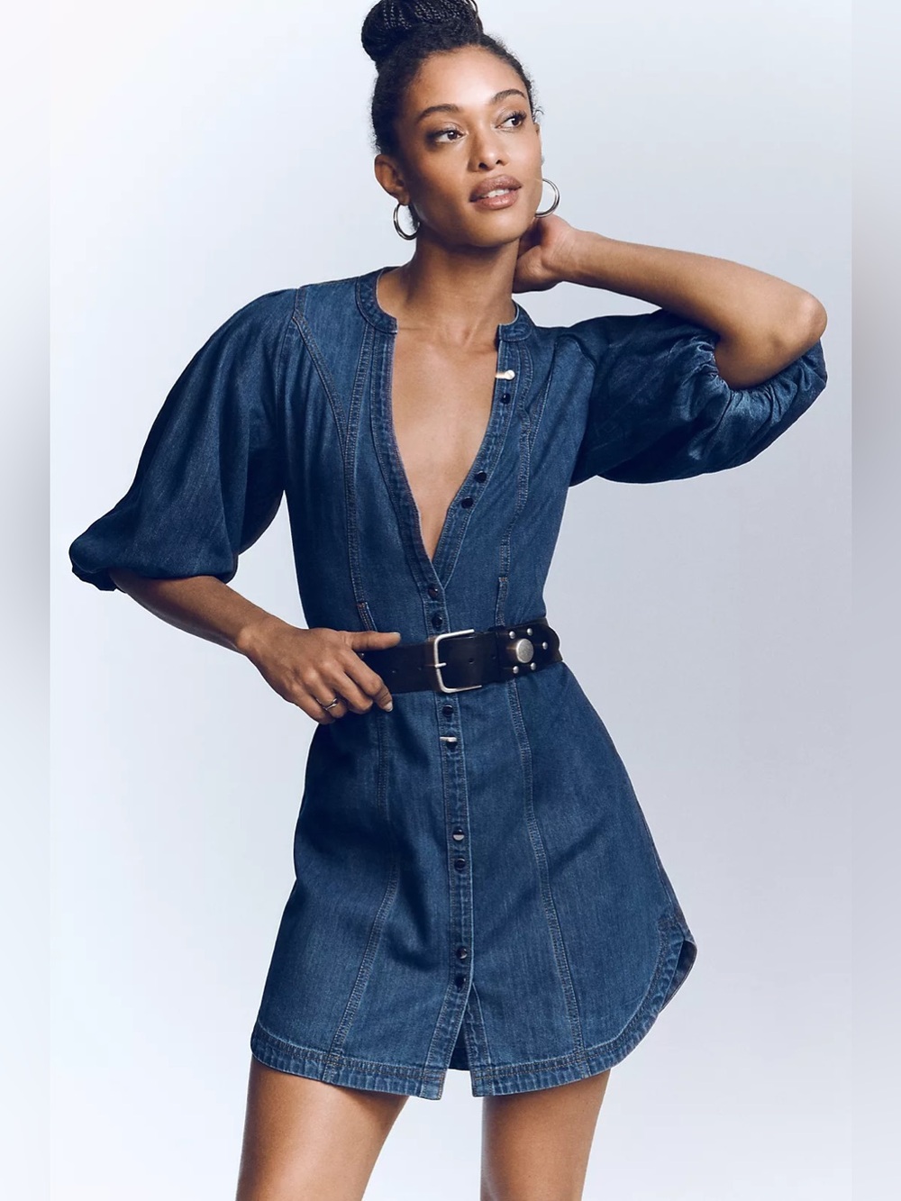 Anthropologie Pilcro Puff-Sleeve Denim Shirt Dress Size Medium Button Front NEW